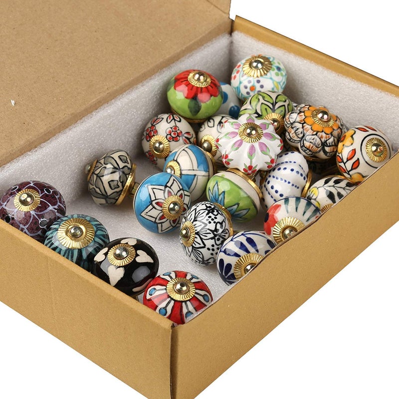 FOLK CRAFT Dresser Knobs - Pack of 20 - Indian Countryside Colorful Assorted Ceramic Drawer Pull Handle Kitchen Cabinet Cupboard Wardrobe Knob Boho Room Interior Decor - Multicolor - Image 5
